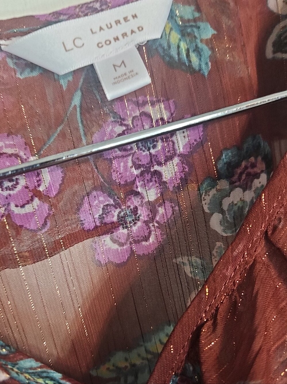 Floral Ruffle V-Neck Long Sleeve Blouse - Burgundy - Picture 3 of 4